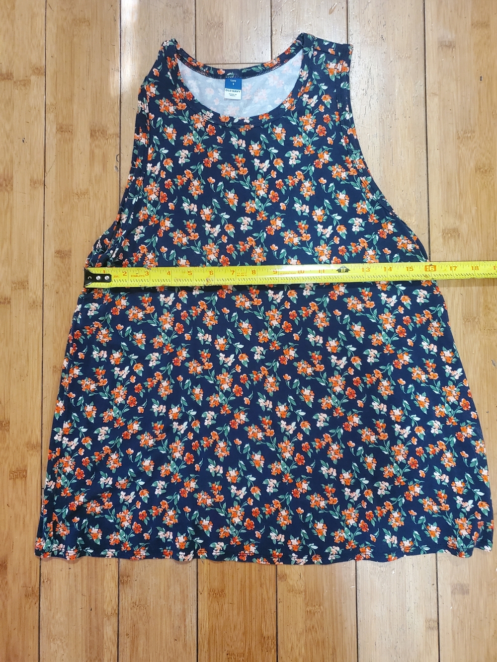 Women’s Small Floral Navy Luxe Tank Top with Orange Accents